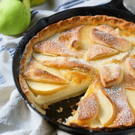 Pear Custard Delight Carmelized Pear Custard Pie, Custard Pear Pie, Pear Custard Tart, Pear Pastry Recipes, Pear Custard Pie, Pear Mascarpone, Pear Custard Pie Recipe, Savory Pie Crust Recipe, Pear Clafoutis