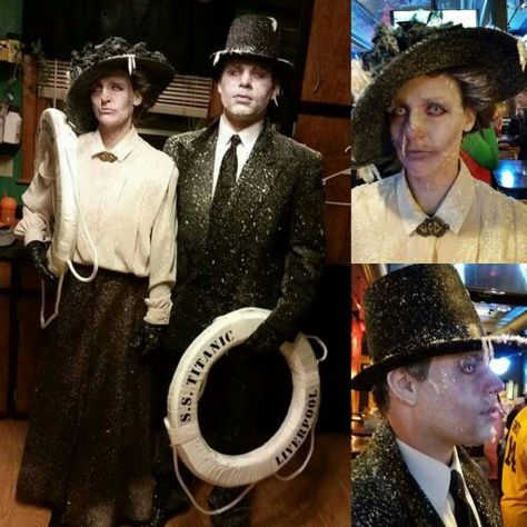 Titanic costume. Titanic victims couples Halloween costume contest winners. Frozen ice makeup. Titanic Survivor Costume, Frozen Titanic Costume, Winner Halloween Costumes, Titanic Ghost Costume, Villain Couples Costumes, Titanic Halloween Costume, Titanic Victims, Halloween Costume Contest Winners, Titanic Party