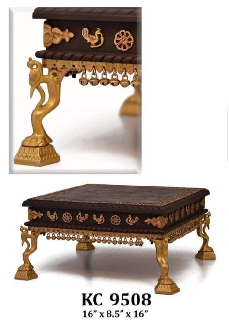 Wooden Bajot Designs, Bajot Designs For Wedding, Rajasthani Interior Design, Pooja Stool, Wooden Stool Designs, Pooja Chowki, Wooden Mandir, Sitting Stool, Wedding Packing