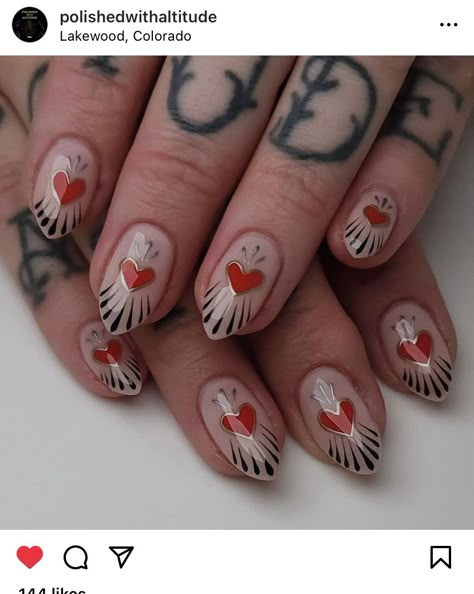 Odd Nail Designs, Alternative Spring Nails, Goth Valentines Nails Short, Tattoo Nails Designs, Traditional Tattoo Nails, Grunge Valentines Nails, Alternative Valentines Nails, Alt Valentines Nails, Heart Gel Nails