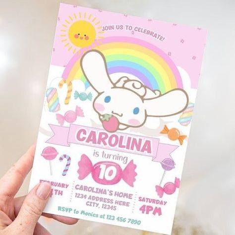 🎉 Roll into a magical birthday celebration with our newest Cinnamoroll Birthday Invitation Template! Perfect for adding a touch of kawaii to any party. Customize yours today and make your invitations as sweet as Cinnamoroll! 🎈✨ #Cinnamoroll #BirthdayInvites #KawaiiParty #kawaii #kawaiigirl #sanrio #kidsbirthdayideas Cinnamoroll Invitation Card, Cinnamoroll Birthday Invitation, Photo Print Cake, Cinnamoroll Birthday, Sanrio Party, Hello Kitty Birthday Theme, Hello Kitty Theme Party, Kawaii Cinnamoroll, Pastel Skies