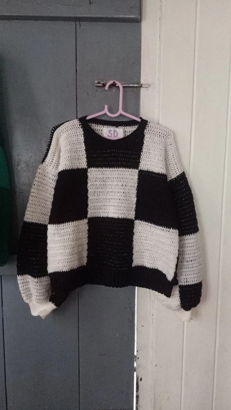 Crochet Checker Sweater, Knit Checkered Sweater, Checkered Sweater Crochet, Crochet Checkered Cardigan, Crochet Checkered Sweater, Crop Crochet Sweater, Checkered Crochet, Black Crochet Sweater, Magic Circle Crochet