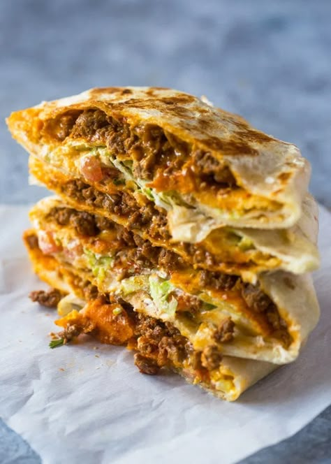 Homemade Beef CrunchWraps | Gimme Delicious Tortillas Pizza, Tostada Shells, Taco Beef, Taco Burrito, Homemade Crunchwrap, Beef Taco, Quesadilla Recipes, Mexican Cheese, Shredded Lettuce