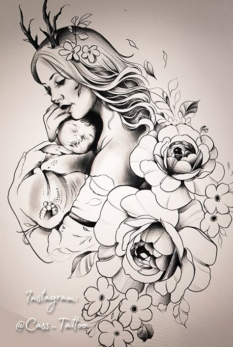 #mothernature #tattooideas #tattoosforwomen #femaletattoos #girl tattoos #tattooart #cutebabies #baby tattoos #mothertattoo #casstattoo #tattooart #femininity #feminineart #motherart #forestnymphs Feminine Mother Tattoos, Warrior Mom Tattoo, Mother Baby Tattoo, Mom Baby Tattoo, Mother And Baby Tattoo, Headdress Tattoo, Baby Tattoo Designs, Mermaid Tattoo Designs, Baby Tattoo