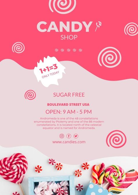 Hand-drawn Candy Shop Sugar Free Poster Candy Flyer Design, Advertisement Inspiration, Candy Poster, Poster Template Free, Poster Wallpaper, Work Project, Poster Layout, Free Poster, Brand Kit