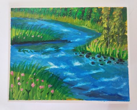 River Drawing Simple, River Painting Easy, Acrylic Painting Scenery, River Illustration, River Drawing, Doodling Drawings, Painting Scenery, Card Painting, Painted River Rocks