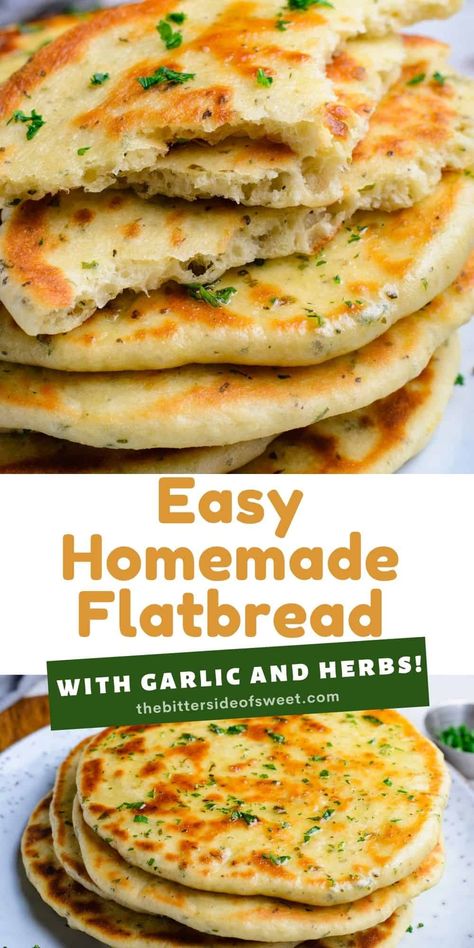 Easy Homemade Flatbread will be the only flatbread you will ever need! Learn how to make these soft, spongy, filled with herbs bread! | The Bitter Side of Sweet Flat Breads Recipe Easy, Herb Breads, Griddle Bread, Easy Homemade Flatbread, Herb Flatbread, Homemade Flatbread Recipes, Flat Bread Recipe, Easy Dough, Arepas Recipe