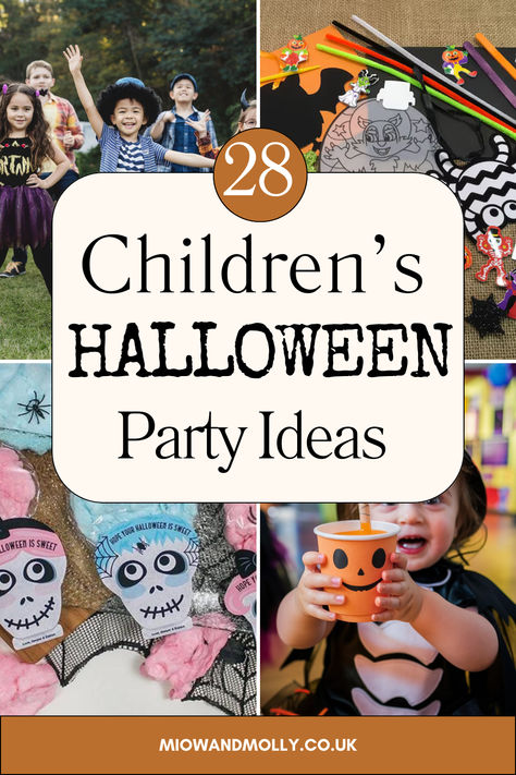 A guide with 28 Children's Halloween party ideas Kindergarten Halloween Class Party Ideas, Kids Halloween Activities Party Ideas, Childrens Halloween Party Ideas, Fun Halloween Ideas For Kids, Halloween Birthday Party Ideas For Kids, Halloween Event Ideas For Kids, Halloween Themes For Kids, Little Kid Halloween Party, Halloween Childrens Party