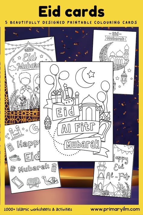 Download these printable Eid cards over at www.primaryilm.com We have 5 other designs too which you can find under the COLOURING tab on the website (under the RESOURCES tab). Want to know how to use these printables when making your own cards? Click to find out more, Or simply print these, colour and fold into a card. #eidactivities #eidcraft #eidcards #eidcard #eidcarddesign #primaryilm Eid Cards For Kids, Ramadan Lantern Template, Eid Activities, Lantern Template, Essential Oils For Babies, Eid Mubarak Card, Eid Card Designs, Ramadan Kids, Eid Crafts