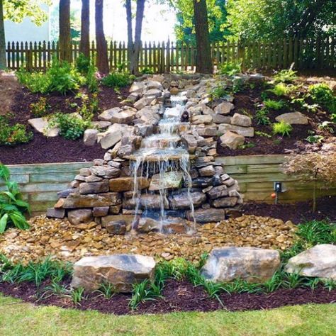 Outdoor Backyard Waterfall Designs Outdoor Makeover, Relaxing Backyard, Fountains Backyard, Garden Waterfall, Pond Waterfall, Hillside Landscaping, Pond Landscaping, Backyard Water Feature, Waterfalls Backyard