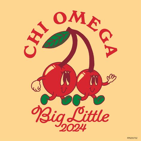 Design unique and trendy custom merch for your Greek organization from Fresh Prints! Submit a proof request to get a free mockup of your design today.   Chi Omega designs | Chi Omega apparel | custom apparel | greek apparel | Sorority designs | Big Little Reveal designs  |Big Little Reveal apparel | chi omega | sorority | big little | cartoons | cherry | cherries | retro cartoon | chi omega | big little reveal | sorority | sisterhood | philanthropy  #shirtjustgotcrazy #freshprints Chi Omega Aesthetic, Chi Omega Shirts Design, Chi Omega Graphics, College Mindset, Chi Omega Letters, Chi Omega Apparel, Sorority Tshirt Designs, Custom Merch, Sorority Sisterhood