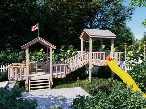 Playhouse Plan, Village Miniature, Playhouse With Slide, Playhouse Plans, Tree House Plans, Backyard Kids Play Area, Diy Projects Plans, Diy Playhouse, Playhouse Outdoor