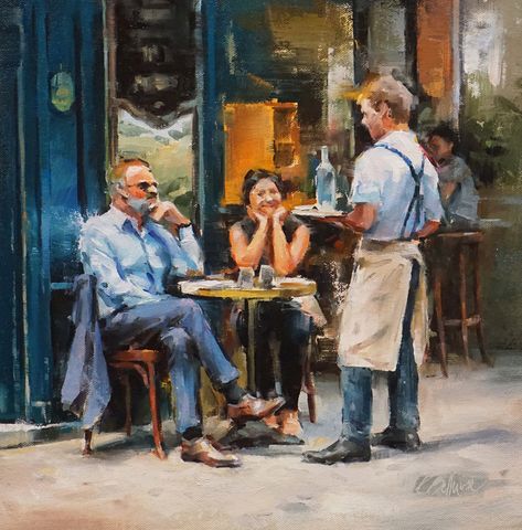 The String Section by Patricia Bellerose, Oil on Canvas | Koyman Galleries Cafe Paintings Art, Memory Drawing, Figure Sketches, Street Cafe, Lunch Table, Human Figure Sketches, Group Poses, Cafe Art, Figure Sketching