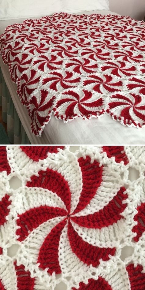 Crochet Peppermint Tree Skirt Free Pattern, Peppermint Candy Afghan Pattern Crochet, Crocheted Christmas Afghan Patterns, Candy Cane Blanket Crochet, Peppermint Swirl Crochet Blanket, Christmas Crocheted Afghans, Christmas Blanket Knitting, Crochet Peppermint Blanket, Crochet Christmas Candy Blanket