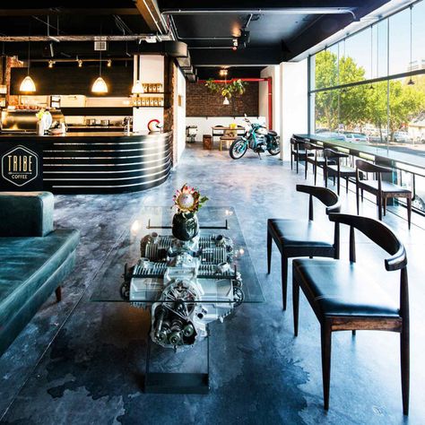 Tribe Coffee + BMW Motorrad South Africa: A specialty cafe within a motorcycle dealership makes for an exciting lifestyle hybrid Motorcycle Cafe Shop, Biker Coffee Shop, Cafe Motorcycle, Loft Cafe, Garage Cafe, Garage Studio, Coffee Bike, Motorcycle Shop, Shop House Ideas