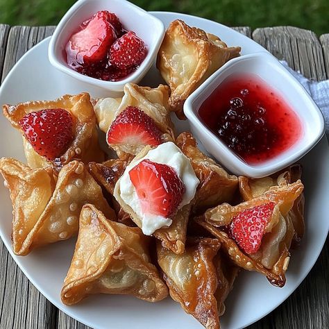 There’s just something magical about these little Deep-Fried Strawberry Cheesecake Stuffed Wonton Bites. Imagine crispy, golden-brown wonton shells filled with a luscious strawberry cheesecake center that practically melts in your mouth. This recipe brings together the best of all worlds—crispy, creamy, fruity, and decadent! Whether you’re looking for an impressive dessert to share with friends... Deep Fried Strawberry Cheesecake, Strawberry Cream Cheese Wontons, Deep Fried Strawberry Cheesecake Wontons, Strawberry Cheesecake Wontons, Dessert Wonton Recipes, Desert Wontons, Strawberry Wontons, Appetizer Recipes Sweet, Dessert Wontons