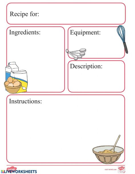 Recipe Writing Ideas, Cooking Worksheets Free Printables, Recipe Writing For Kids, Baking Worksheet, Cooking Worksheets For Kids, Favorite Food Worksheet, Cooking Projects For Kids, Writing Exercises For Kids, How To Write A Recipe