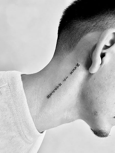 200 Best Tattoo Ideas for Men in 2022 - The Trend Spotter Tattoos 2023 Men, Neck Minimalist Tattoo Men, Small Vertical Tattoo Men, Neck Line Tattoo Men, Birthday Tattoo Ideas Men, Letter Tattoo Men, Neck Minimalist Tattoo, Vertical Script Tattoo, Vertical Tattoo Design Men