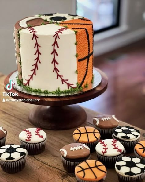 Sports Themed 1st Birthday Party, All Sports Theme Cake, Sports Ball Cupcakes, Soccer And Baseball Cake, Sport Themed Cupcakes, Multi Sport Birthday Party, Sports Birthday Cupcakes, Multi Sports Cake, All Sports Birthday Cake