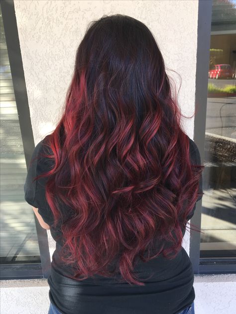 Dark Red Hair Color Ombre, Dark Red Ombre Hair Burgundy, Red Hair Black Roots Ombre, Vibrant Red Ombre Hair, Dark Red To Bright Red Ombre, Burgundy Hair, Long Hair Styles, Hair Styles, Hair