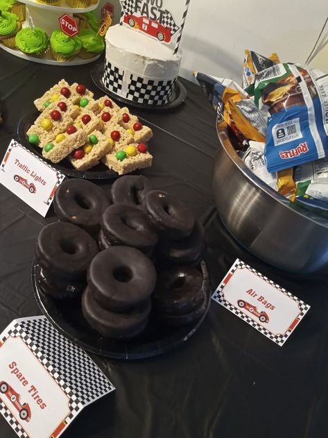 2 Fast 2 Furious Dessert Table, 2nd Bday Car Theme, Race Car Birthday Snack Ideas, Car Theme Snacks For Party, Fast Furious Party Theme, Cars Theme Birthday Party Food Snacks Ideas, Racetrack Food Ideas, Racecar Birthday Party Snacks, Too Fast 2nd Birthday