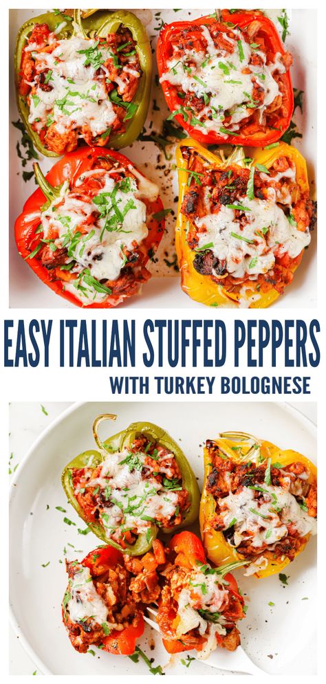 Everything you want in a good comfort food dish, these Italian Stuffed Peppers are packed with a bacon-turkey bolognese sauce and topped with melty mozzarella cheese. Each bite has hints of red wine, herbs, and lots of tomatoes, it's a party of Italian flavors that will be your new go-to. Easy to make ahead too! #stuffedpeppers #bolognesesauce #turkeybolognese #italianfood #comfortfood #turkeystuffedpeppers Italian Ground Turkey, Turkey Bolognese Sauce, Lots Of Tomatoes, Bacon Turkey, Green Pepper Recipes, Homemade Bolognese Sauce, Italian Stuffed Peppers, Homemade Bolognese, Turkey Bolognese