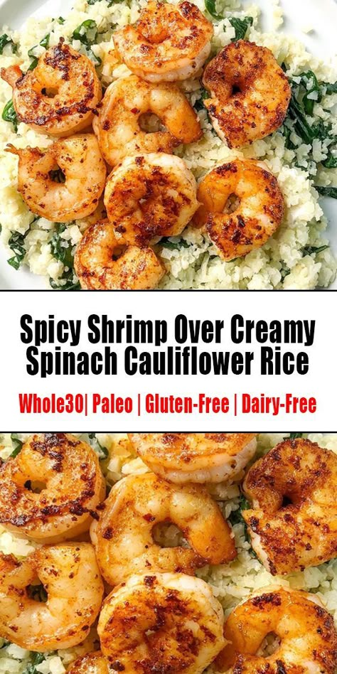 Spicy Shrimp Over Creamy Spinach Cauliflower Rice - Educacionparaelexito Flexaterian Recipes, Spinach Cauliflower Rice, 10 Minute Meal, Spinach Cauliflower, Almond Cheese, 10 Minute Meals, Dairy Free Paleo, Resep Diet, Creamy Spinach