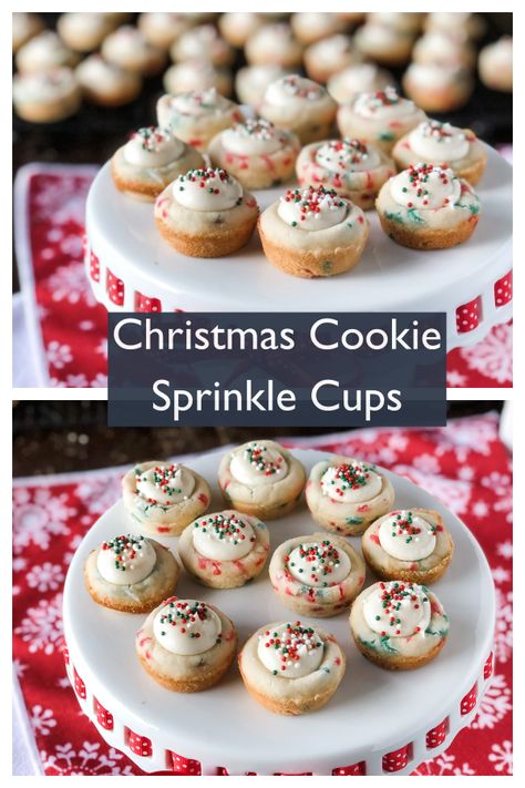 Molded Cookies, Mini Muffin Tin Recipes, Christmas Muffins, Sugar Cookie Cups, Cookie Cups Recipe, Holiday Sugar Cookies, Dessert Cookies, Christmas Sprinkles, Muffin Tin Recipes