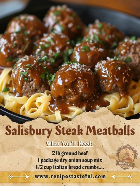 Paula Deen kitchen | Salisbury Steak Meatballs | Facebook Dried Onion Soup Mix Recipes, Onion Soup Mix Recipe, Italian Bread Crumbs, Tasteful Recipes, Salisbury Steak Meatballs, Cake Mix Ingredients, Meatball Ingredients, Salisbury Steak, Italian Bread