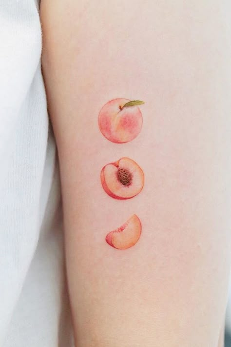 Peach And Flower Tattoo, Realistic Fruit Tattoo, Peach Tattoo Fine Line, Peach Flash Tattoo, Nectarine Tattoo, Peach Slice Tattoo, Matching Fruit Tattoos, Peaches And Cream Tattoo, Food Related Tattoos