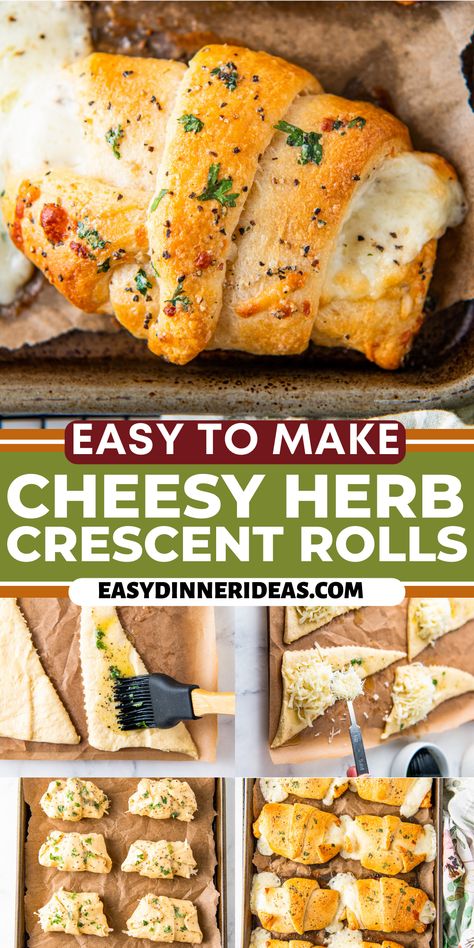 There's no need to break out any bread-making skills for this recipe. These Cheese Herb Crescent Rolls use store-bought dough but taste just like their homemade! It's a quick and easy side. Or they are fancy enough that you can easily bring them to a party and wow all of the guests! Store Bought Bread Dough Ideas, Crescent Roll Bread Recipes, Cresent Roll Recipes Savory, Cheesey Bread Crescent Rolls, Cheesy Garlic Crescent Rolls 12 Tomatoes, Savory Crescent Rolls, Easy Christmas Appetizers Simple Crescent Rolls, Filled Crescent Roll Recipes, Garlic Knots With Crescent Rolls