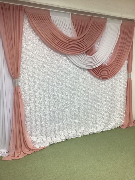 Backdrop Curtains Draping, Quinceañera Backdrop, Church Backdrop, Backdrop Inspiration, Haldi Decoration, Pooja Decoration, Ivory Curtains, Fabric Draping, Wedding Background Decoration