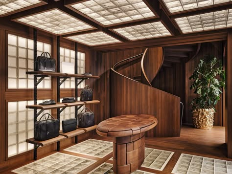 Bottega Veneta combines glass bricks and walnut for Paris store Glass Blocks Wall, Wooden Columns, Paris Store, Glass Brick, Paris Design, Los Angeles Homes, Soft Seating, Glass Blocks, Retail Design