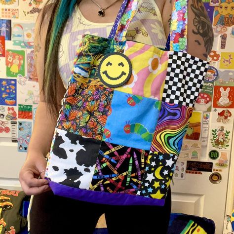 Colorful prints patchwork tote bag clowncore bag... - Depop Boho Electric, Clown Style, Hippie Tote Bag, Rainbow Clown, Patchwork Tote Bags, Hippie Culture, Art Lessons For Kids, Clown Costume, Everyday Bag