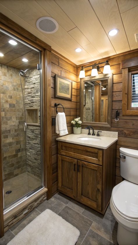 small cabin decor Cabin Bathroom Ideas Rustic, Small Cabin Decor, Cabin Decor Ideas, Small Bathroom Inspiration, Cabin Aesthetic, Cabin Bathrooms, Small Cabin, Soft Towels, The Cabin