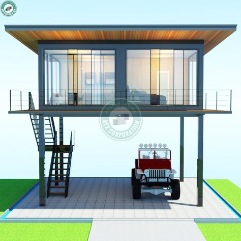 Two Flatpack Container Combined Stilt Container| Alibaba.com Elevated Container House Design, Container House On Stilts, Shipping Container Home On Stilts, Tiny House Roof Deck, House On Stilts Plans, House On Stilts Ideas, Elevated Tiny House, Stilt House Plans Modern, Modern House On Stilts