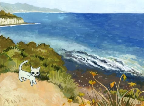 "A Visitor at Point Dume" 7"x9" gouache on paper 🖼️ Though I'm in Florida and have had warm weather most of the year I am getting excited on everyone else's behalf that the weather is getting warmer! I hope you enjoy this painting and as always, a print is available in my bi0 ❤️ . . . #illustration #gouache #gouachepainting #cat #california #artistsoninstagram Kelly Pringle, Party Painting, Anime Pixel Art, Top Backpacks, Illustration Painting, Natural Curves, Gouache Painting, Funky Art, Painting Illustration