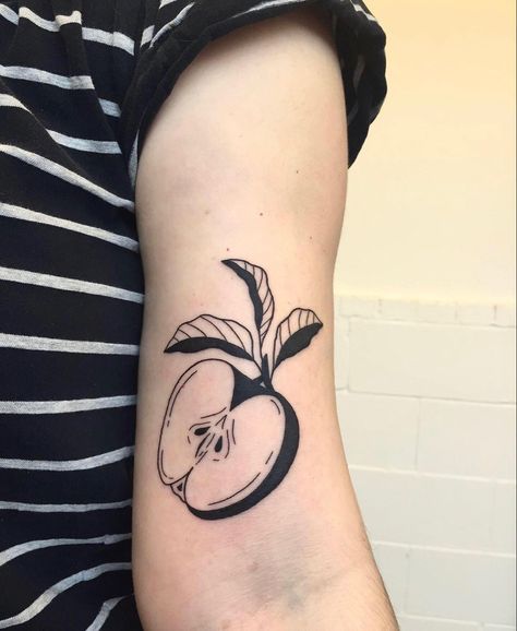 Maple Seed Tattoo Meaning, Apple Heart Tattoo, American Traditional Apple Tattoo, Half Apple Tattoo, Apple Slice Tattoo, Fruit Sticker Tattoo, Traditional Apple Tattoo, Squash Tattoo, Persimmon Tattoo