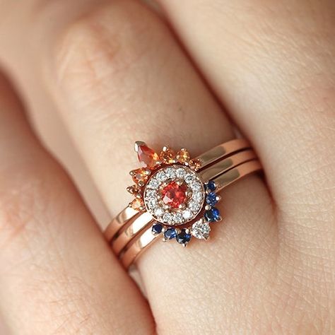 Sapphire Wedding Ring Set Sunset Engagement Set Orange & - Etsy Sunset Ring, Sapphire Wedding Ring Set, Blue Sapphire Wedding Band, Diamond Sapphire Ring, Sun Ring, Anniversary Ring Set, Australian Opal Ring, Saphir Ring, Sapphire Wedding Rings