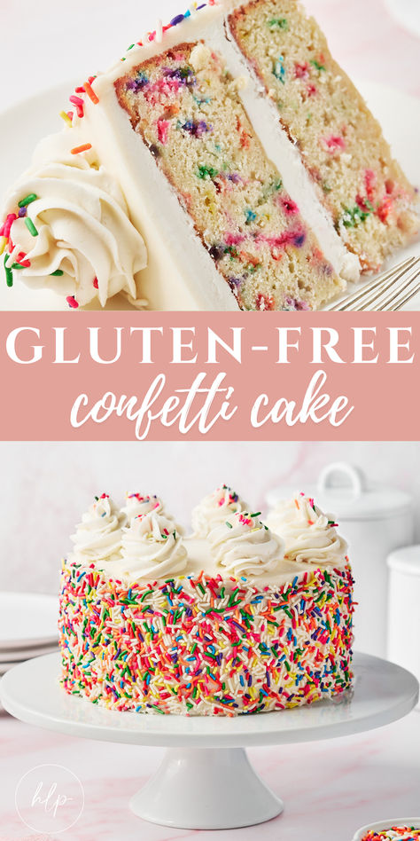 a tall pin of gluten free confetti cake with a slice and the whole cake Fluffy Gluten Free Cake, Birthday Cake Gluten Free, Moist Gluten Free Cake, Gluten Free Birthday Cake Ideas, Gluten Free Confetti Cake, Gluten Free Smash Cake, Gf Confetti Cake, Dairy Free Gluten Free Birthday Cake, Gluten Free Bday Cake