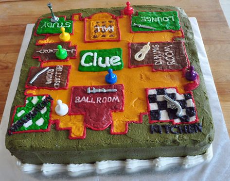 Clue Birthday Cake, Clue Themed Cake, Clue Birthday Party, Clue Themed Birthday Party Decorations, Clue Cake, Clue Birthday Party Ideas For Kids, Clue Themed Birthday Party, Kids Mystery Party, Detective Party Games