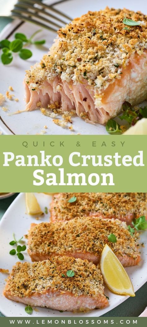 This mouthwatering crispy panko crusted salmon has a deliciously crunchy topping made with panko, lemon zest, garlic and herbs. This is a healthy, quick and easy, one-pan meal that's ready in 20 minutes. #lemonblossoms #salmon Salmon Panko, Panko Crusted Salmon, Crusted Salmon Recipes, Garlic Mayonnaise, Salmon Filets, Lemon Salmon, Crusted Salmon, Baked Salmon Recipes, Parmesan Crusted