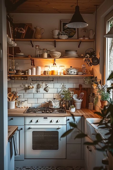 Mouses Back Kitchen, Stovetop Decor, Small Cottage Kitchen Ideas, Small Cottage Kitchens, Tiny Cottage Kitchen, Cottage Kitchen Ideas, Small White Kitchens, Kitchen Triangle, Kitchen Ideas For Small Spaces