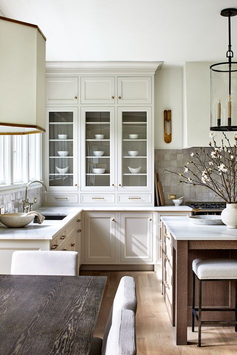 custom cabinetry, creamy white kitchen, white oak, white island, classic kitchen, English kitchen, white kitchen, custom tile Tudor Style Kitchen, Voxtorp Ikea, Jean Stoffer Design, Kitchen Colours, Classic White Kitchen, Harrison Design, Residential Development, Modern English, Classic Kitchen