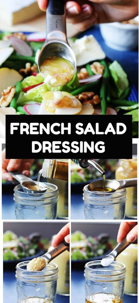 French Salad Dressing is super simple, requires just a few natural ingredients and can be put together in less than 5 minutes. Classic French vinaigrette is something that everyone who likes to cook great meals from scratch, should know. Below I will show you a step-by-step how to make this amazing simple French Dressing. #dressing #salad via @https://www.pinterest.com/innocentdelight/ French Salad Recipes, French Salad Dressing, Bistro Salad, French Salad, French Vinaigrette, Meals From Scratch, Birthday Recipes, Dressing Salad, French Soup