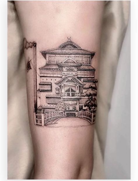 Japanese Building Tattoo, Pagoda Tattoo, Building Tattoo, Van Gogh Tattoo, Scene Tattoo, Tattoo Japanese, Ghibli Tattoo, Funky Tattoos, Circle Tattoos