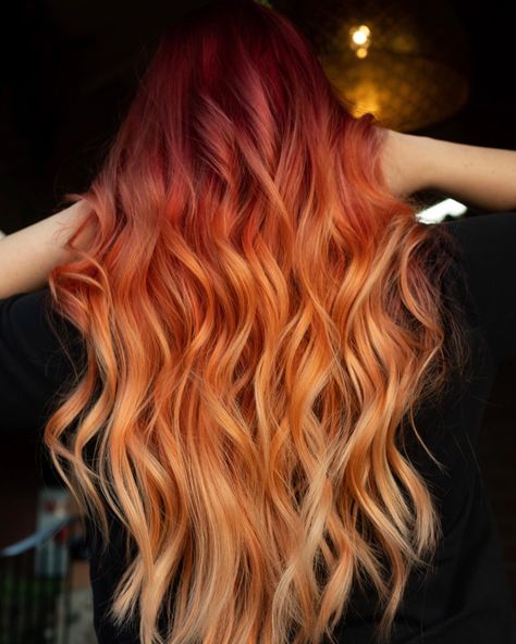 red to yellow color melt! I could look at this all day Red To Yellow Hair, Vivid Color Melt, Red Color Melt Hair, Red Orange Yellow Hair, Fire Ombre Hair, Fire Hair Color, Yellow Hair Dye, Hair Melt, Color Melting Hair