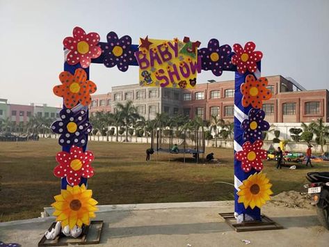 Annual Day Decoration For School, Soft Board Decoration, Buddha Canvas Art, Soft Board, School Art Activities, Coconut Shell Crafts, School Decoration, Gate Decoration, Buddha Canvas