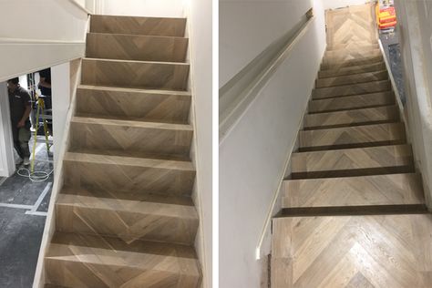 Parquet Stairs, Herringbone Stairs, Facade Landscaping, Storage Under Staircase, Staircase Balustrade, Entrance Facade, Parquet Herringbone, Stairs Cladding, Under Stairs Storage Solutions