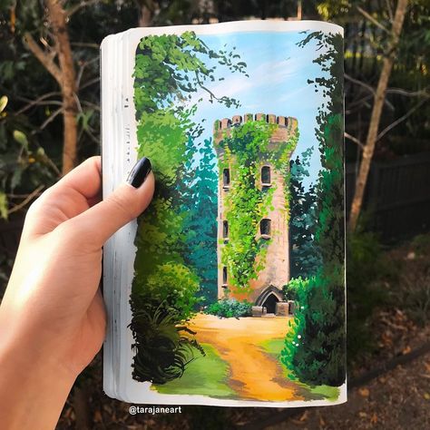 🌿🌞Tara Jane 🌙🌿 on Instagram: “What awaits in the tower? 😮🌲🏰🌿 . This was inspired by a photo by GioC7 on Flickr. 📸 . . #tarajaneart #artist #art #painting #plantlover…” Rapunzel Tower Painting, Fantasy Gouache Painting, Watercolour Castle Painting, Howls Moving Castle Gouache Painting, Waterfall Gouache Painting, Tower Castle, Tower Painting, Garden Tower, Castle Painting